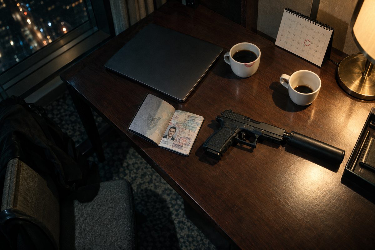 Crime-scene photograph of the hotel room desk