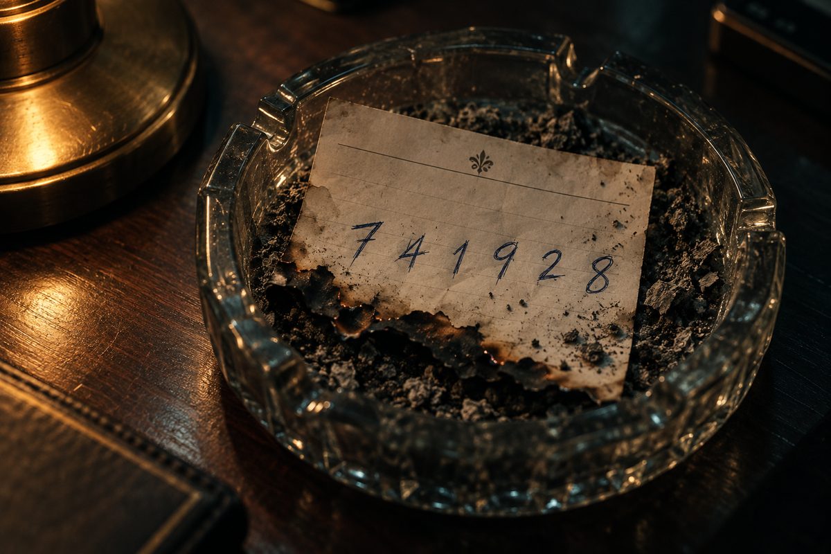 Half-burnt hotel notepad in an ashtray with six digits written on it